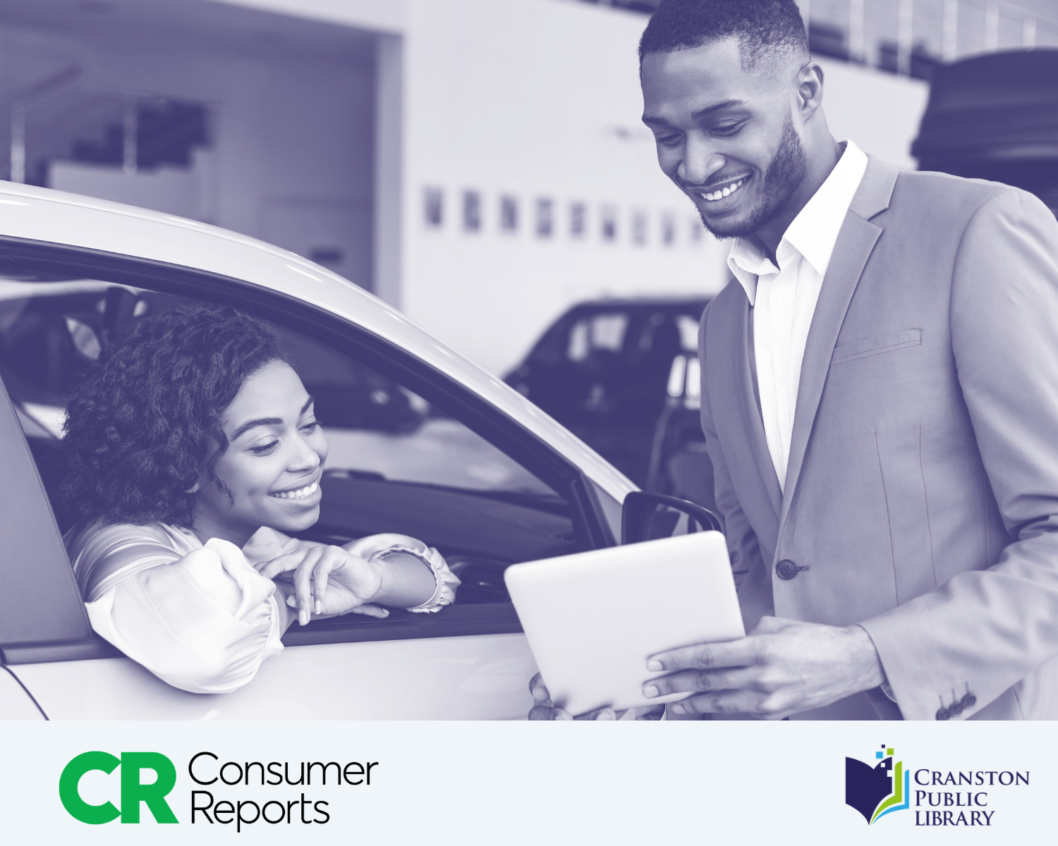 A woman sitting in a car and a salesperson standing outside the car, both are smiling